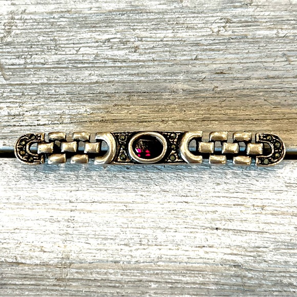 182. Sterling, Garnet and Marcasite Bar Brooch Circa 1980s. Estate Find! - Picture 3 of 8